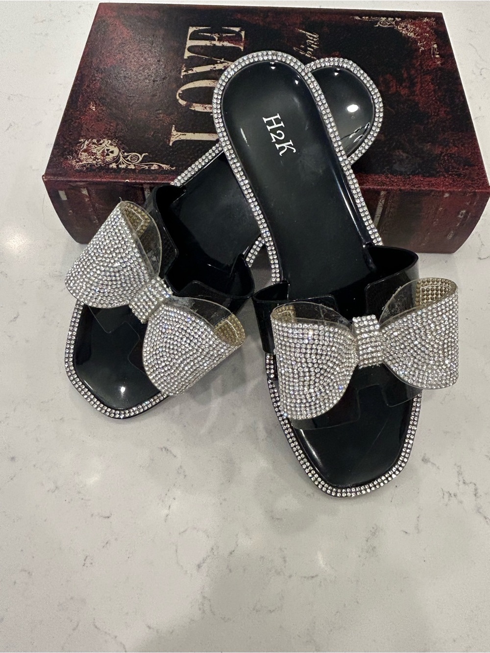 H2k Black Crystal Bow Slide Mules